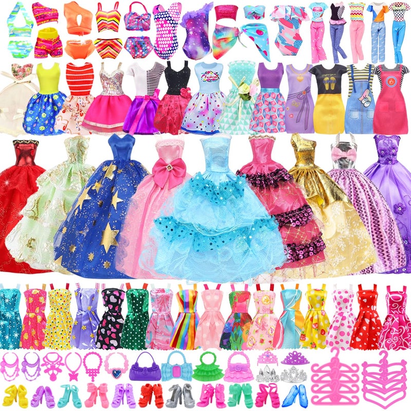 Ecore Fun 99 Pcs Doll Clothes Outfits and Accessories 5 Princess Wedding Gowns 12 Fashion Dresses 2 Leisure Outfits 2 Bikini Swimsuits 10 Shoes and 57 Accessories for 115 inch DollsGirl Gift - Image 3