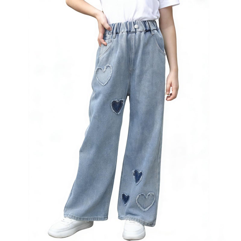 SANGTREE Girls Baggy Jeans Wide Leg Jeans Elastic Waist Casual Denim Pants Kids Clothes A-Heart Patch Blue 11-12 Years = Tag 160 - Image 1