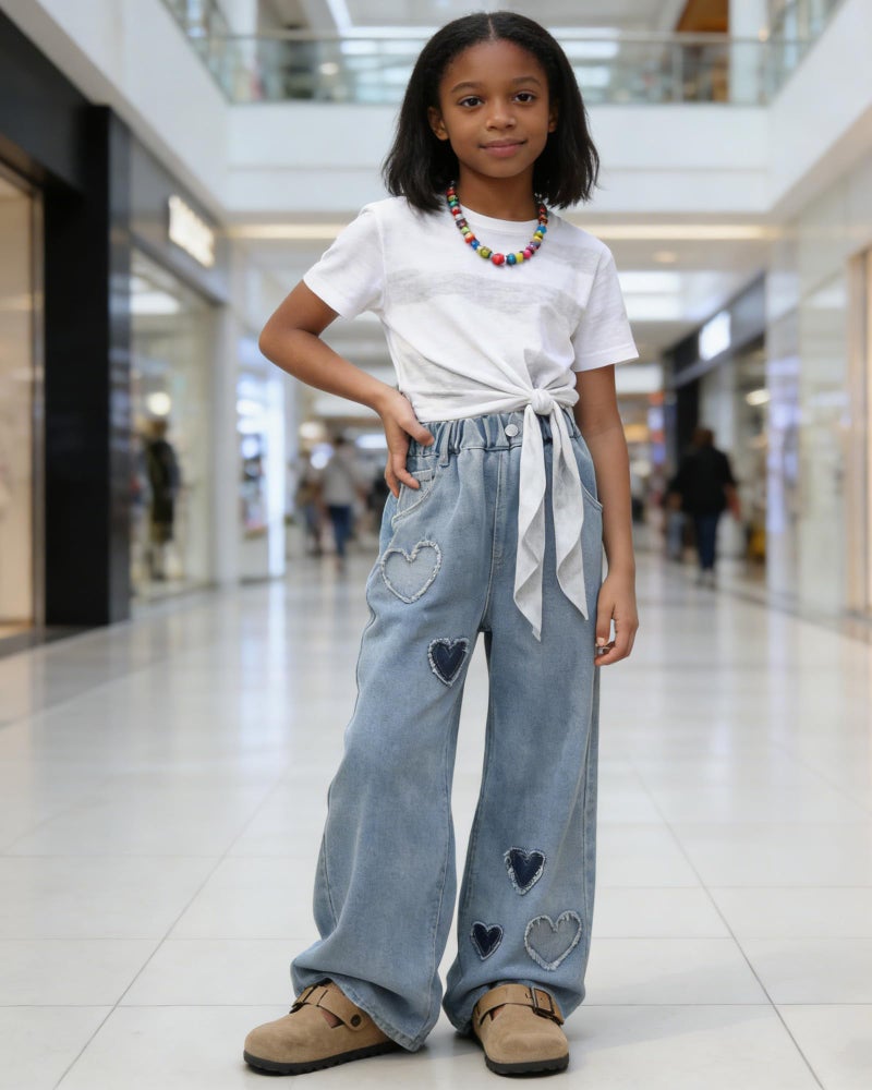 SANGTREE Girls Baggy Jeans Wide Leg Jeans Elastic Waist Casual Denim Pants Kids Clothes A-Heart Patch Blue 11-12 Years = Tag 160 - Image 5