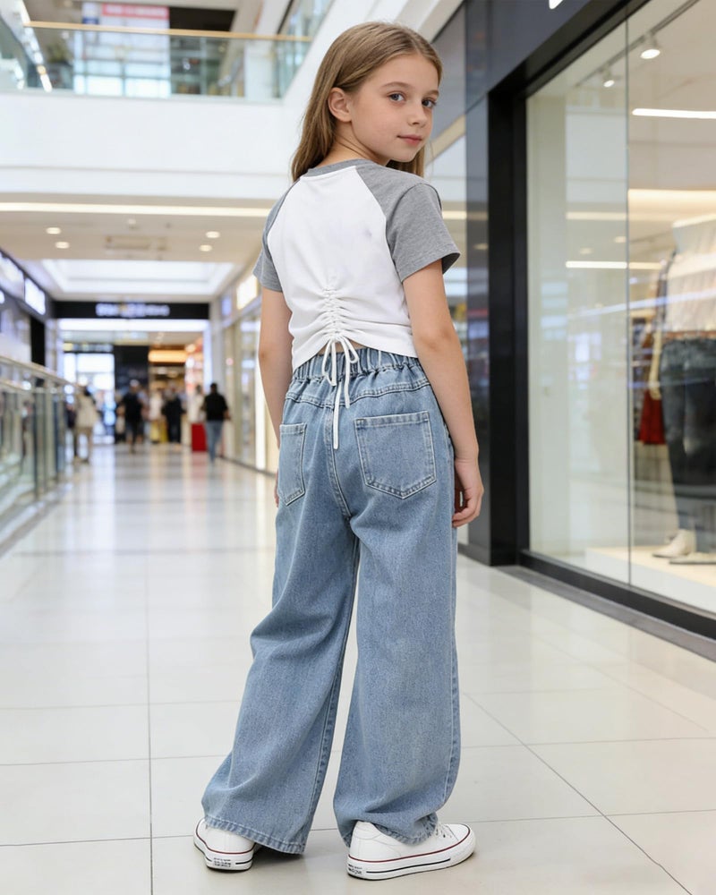 SANGTREE Girls Baggy Jeans Wide Leg Jeans Elastic Waist Casual Denim Pants Kids Clothes A-Heart Patch Blue 11-12 Years = Tag 160 - Image 4