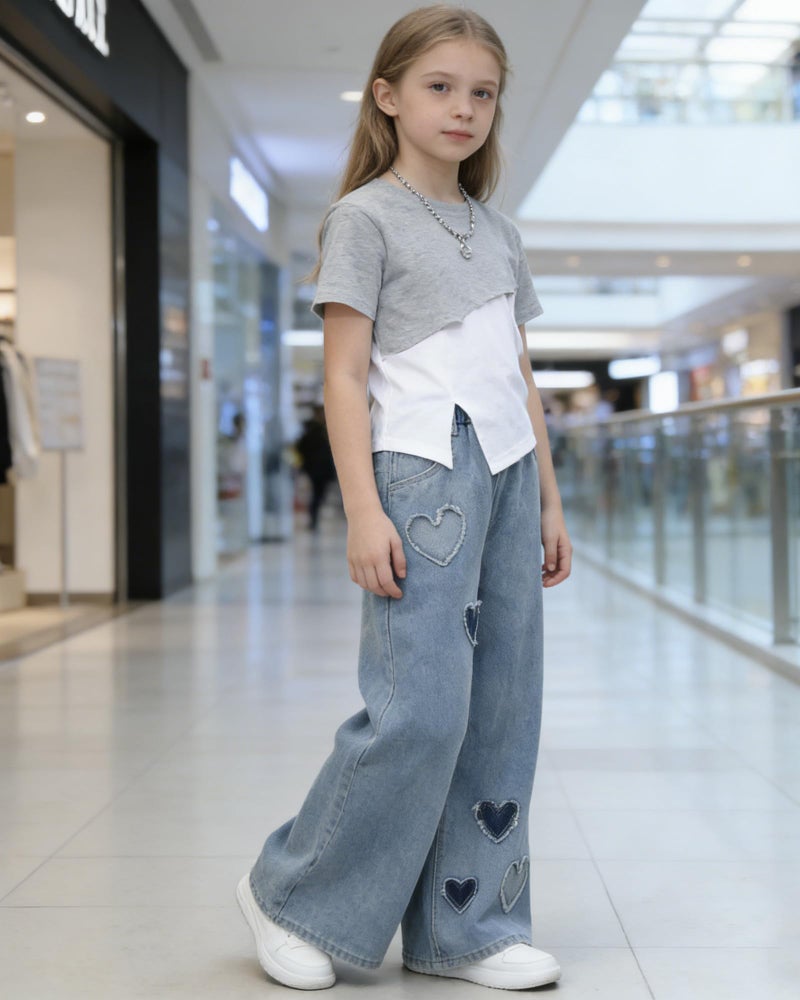 SANGTREE Girls Baggy Jeans Wide Leg Jeans Elastic Waist Casual Denim Pants Kids Clothes A-Heart Patch Blue 11-12 Years = Tag 160 - Image 3
