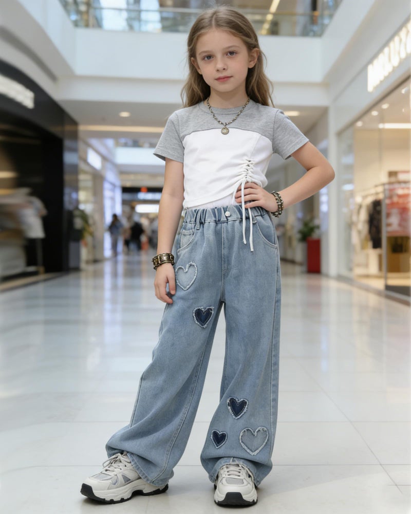 SANGTREE Girls Baggy Jeans Wide Leg Jeans Elastic Waist Casual Denim Pants Kids Clothes A-Heart Patch Blue 11-12 Years = Tag 160 - Image 2
