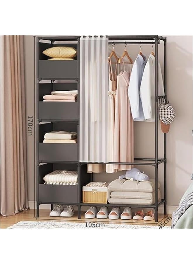 هوكور Durku Clothing Storage Cabinet with Curtain, Portable Wardrobe Storage Closet with 4 Hooks and Top 1 Crossbars, Coat Rack Freestanding with Shelves, for Living Room, Bedroom, Clothes Room (Black) - Image 2