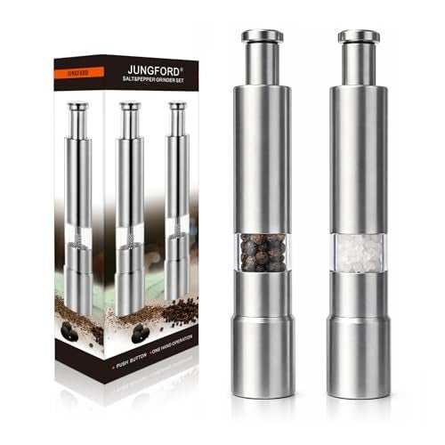 Jung Ford [2 Pieces] Premium Stainless Steel Salt Grinder and Pepper Mill Set for Pepper Sea Salt Himalayan Salt and Spices with Thumb Button for One Hand Operation - Image 1