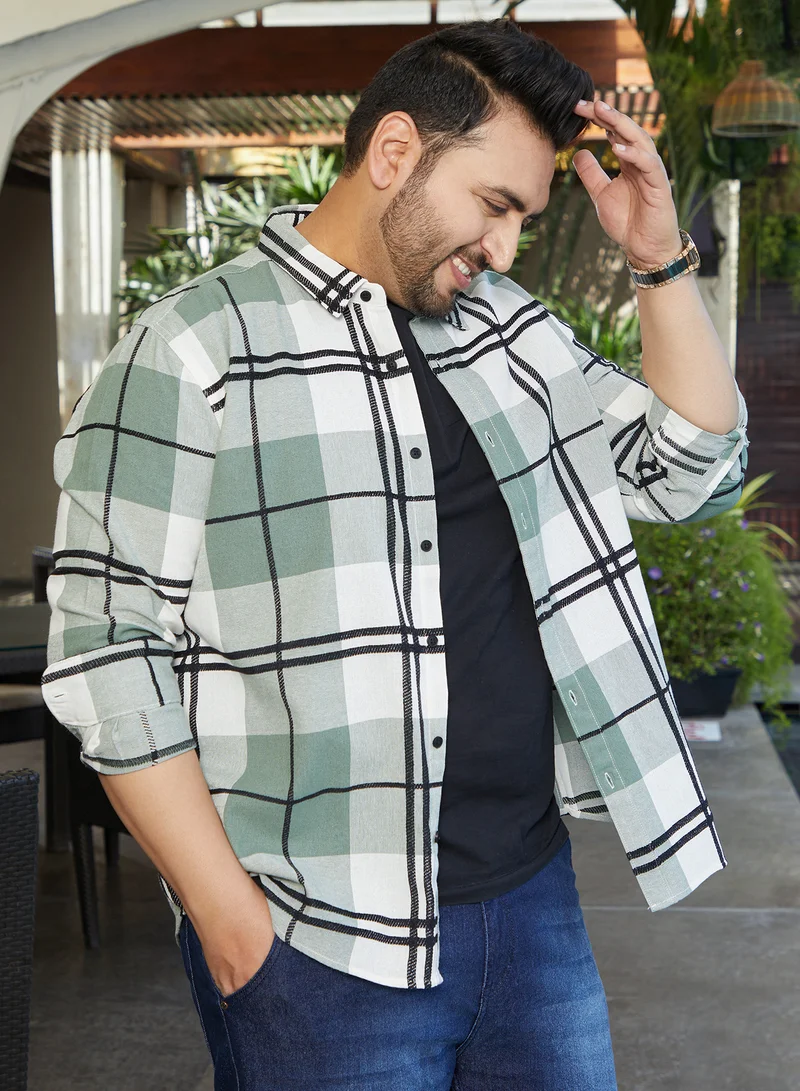 انستافاب بلس Instafab Plus Men's Sage Green Overlap Buffalo Shirt For Casual Wear | Spread Collar | Long Cuffed Sleeves | Button Closure | Plus Size Shirt Crafted With Comfort Fit For Everyday Wear
