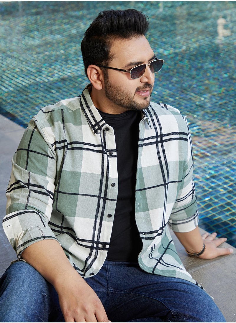 Instafab Plus Instafab Plus Men's Sage Green Overlap Buffalo Shirt For Casual Wear | Spread Collar | Long Cuffed Sleeves | Button Closure | Plus Size Shirt Crafted With Comfort Fit For Everyday Wear  - Image 1