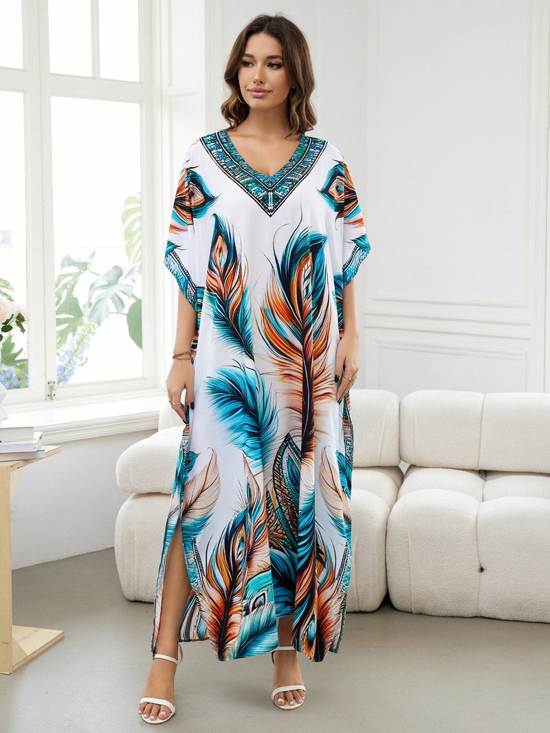 Generic Cross-border European and American rayon tie-dyed beach jumpsuit long dress loose robe bikini swimsuit outer blouse sun protection shirt Zs2277-21 blue feather