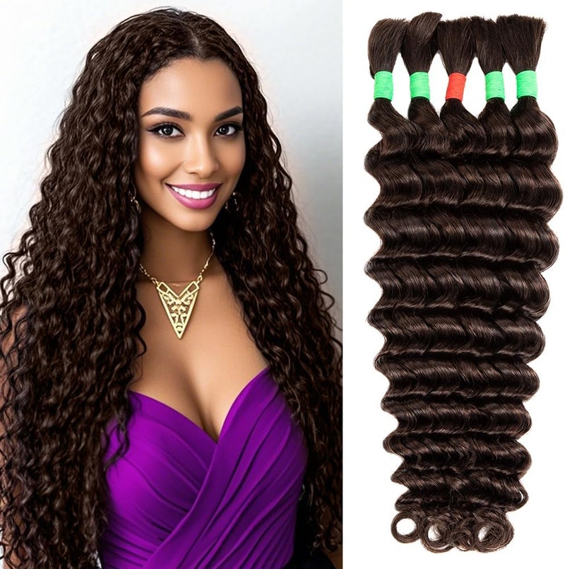 Aiokrtse Human Braiding Hair Deep Wave Hair Bulk Human Hair for Braiding No Weft 5 Bundles Total 100g 10A Peruvian Curly Human Hair Extensions for Boho Braids Wet and Wavy #2 Color Dark Brown - Image 1