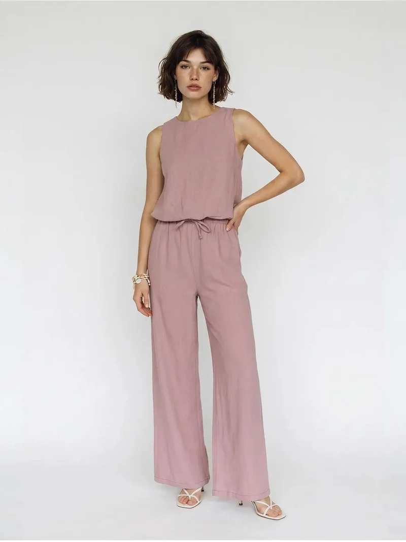 Bianco Lucci LUCCI Cotton Wide-Leg Sleeveless Jumpsuit