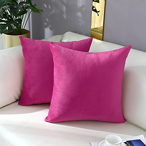 mixeoo Comfy Hot Pink Throw Pillow Covers Decorative Square Solid Thick Velvet Super Soft Cushion Cases Home Decor for Sofa Couch Living Room Chair, Set of 2, 18 x 18 Inch - Image 2
