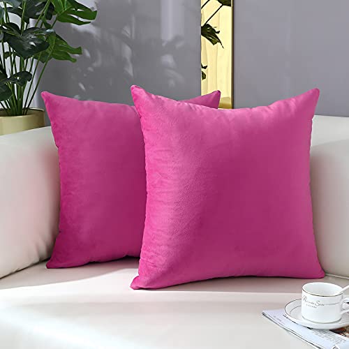 mixeoo Comfy Hot Pink Throw Pillow Covers Decorative Square Solid Thick Velvet Super Soft Cushion Cases Home Decor for Sofa Couch Living Room Chair, Set of 2, 18 x 18 Inch - Image 1