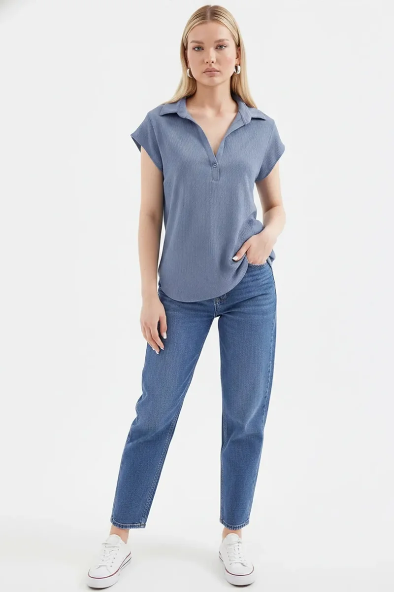 Big Dart Maya Blue BDART Textured Sleeveless Polo Blouse for Women | Best Price UAE