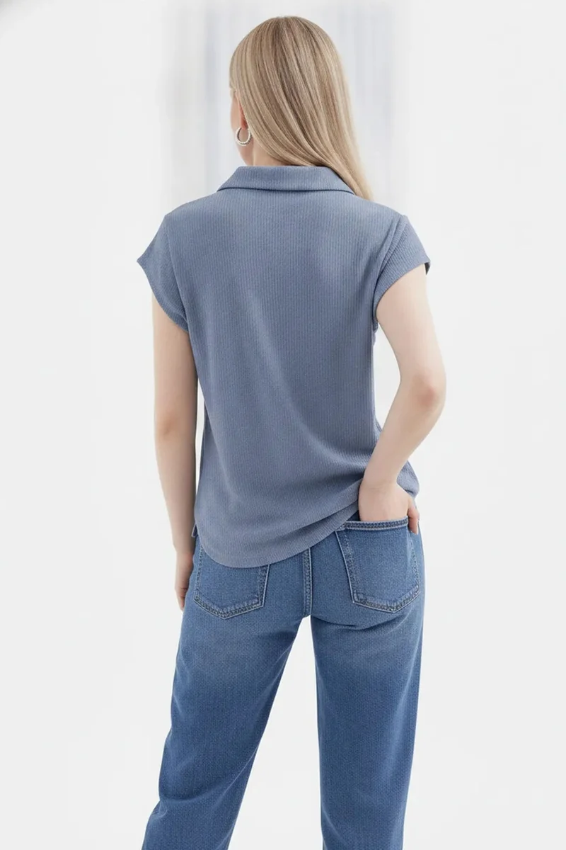 Big Dart Maya Blue BDART Textured Sleeveless Polo Blouse for Women | Best Price UAE
