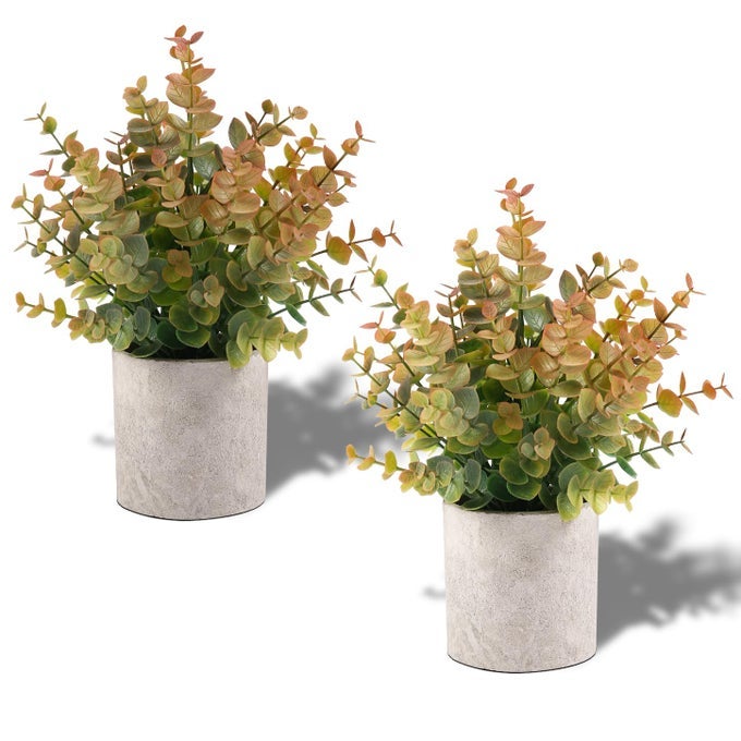 2 PACK SMALL FAKE PLANTS EUCALYPTUS POTTED ARTIFICIAL PLANTS FOR SHELF DESK HOME BATHROOM FARMHOUSE ROOM COFFEE TABLE DECOR FALL DECOR YELLOW