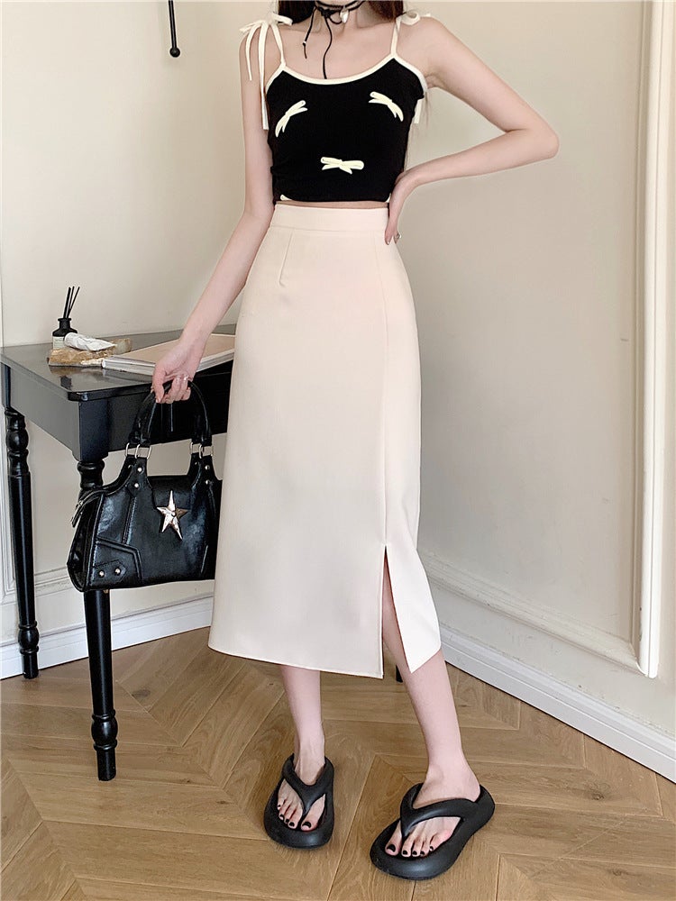 plus size Light Cooked Style Split Skirt Womens Summer New High Waist Skirt Slimming Chubby Hip Skirt Apricot 