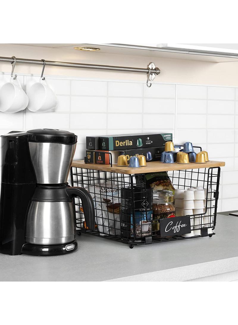 Bluejw Stackable Wire Basket With Bamboo Cutting Board  Top Pantry Kitchen Counter Organization And Storage Cabinet Shelf Countertop Space Saving Organizing Produce Fruit Potato Bread Organizer - Image 3