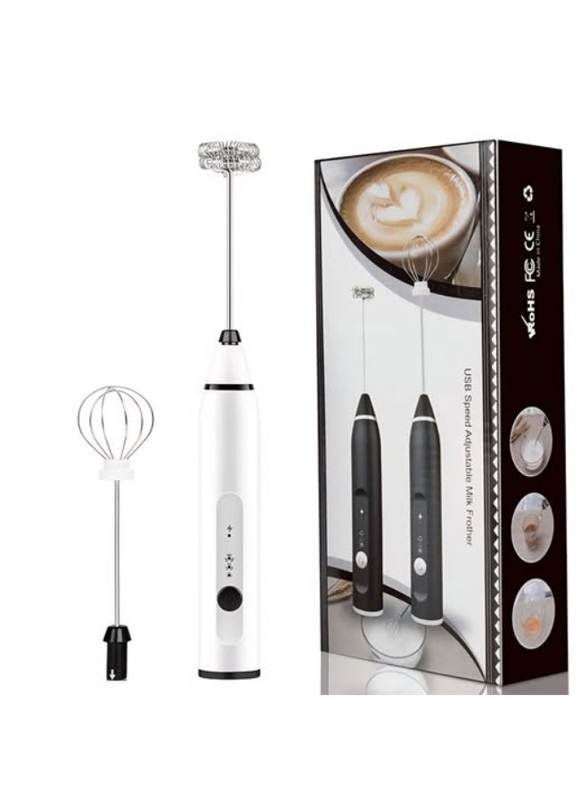Milk Handheld USB Rechargeable Electric Foam Maker with 2 Stainless Whisks, White - Image 1