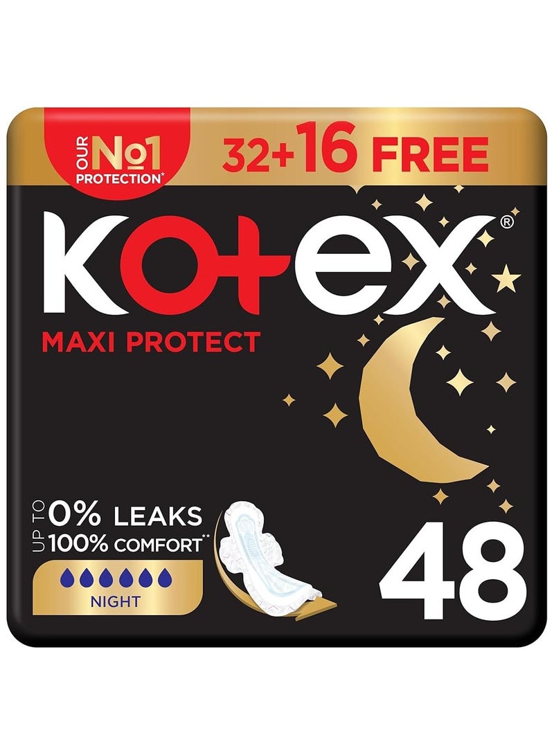 كوتكس 48 قطعة من وسادات Maxi Protect السميكة - حماية طوال الليل بأجنحة آمنة!