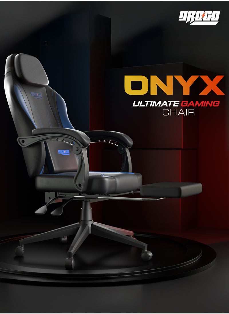 DROGO Onyx Premium Ergonomic Gaming Chair, Video Game Chair with Linkage Armrest, Footrest & Adjustable Seat Computer Chair with PU Leather, Head & Massager Lumbar Pillow Home & Office Chair with Recline Black Blue  - Image 3