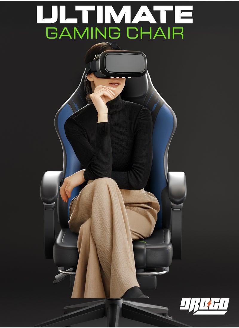 DROGO Onyx Premium Ergonomic Gaming Chair, Video Game Chair with Linkage Armrest, Footrest & Adjustable Seat Computer Chair with PU Leather, Head & Massager Lumbar Pillow Home & Office Chair with Recline Black Blue  - Image 2