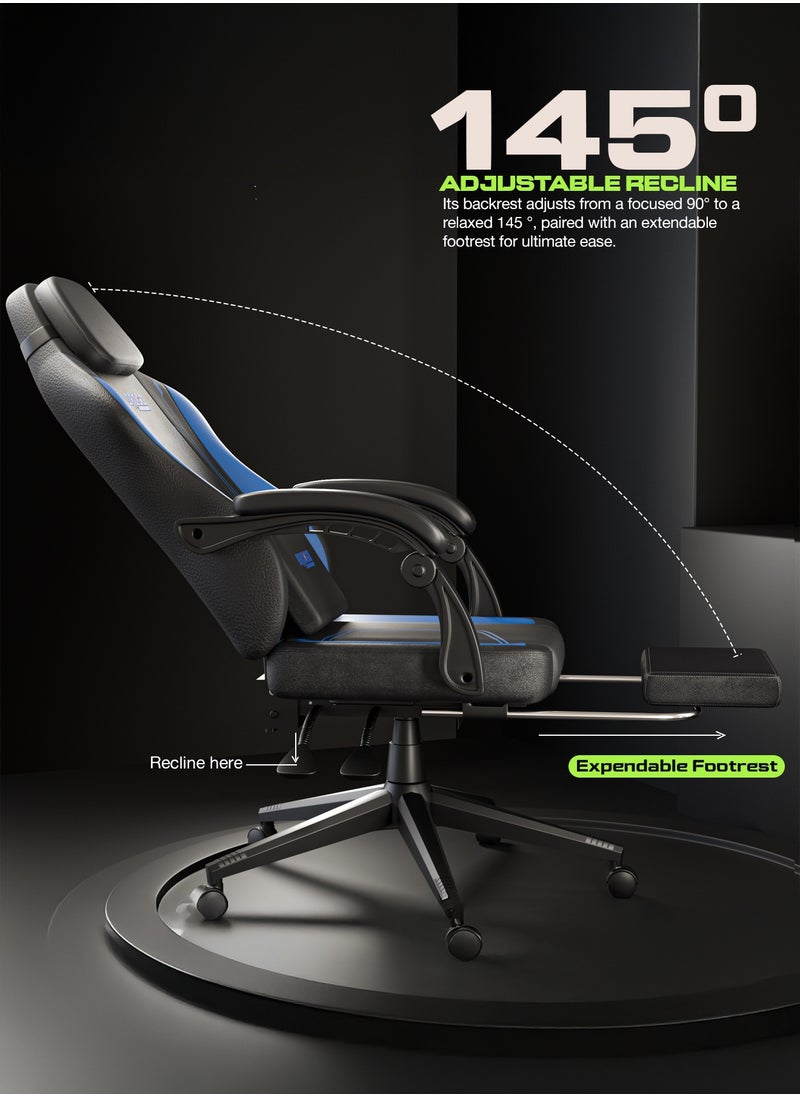 DROGO Onyx Premium Ergonomic Gaming Chair, Video Game Chair with Linkage Armrest, Footrest & Adjustable Seat Computer Chair with PU Leather, Head & Massager Lumbar Pillow Home & Office Chair with Recline Black Blue  - Image 5