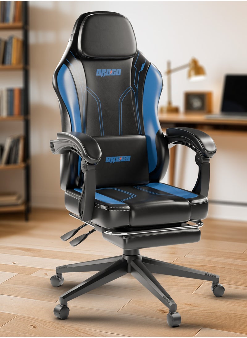 DROGO Onyx Premium Ergonomic Gaming Chair, Video Game Chair with Linkage Armrest, Footrest & Adjustable Seat Computer Chair with PU Leather, Head & Massager Lumbar Pillow Home & Office Chair with Recline Black Blue  - Image 1