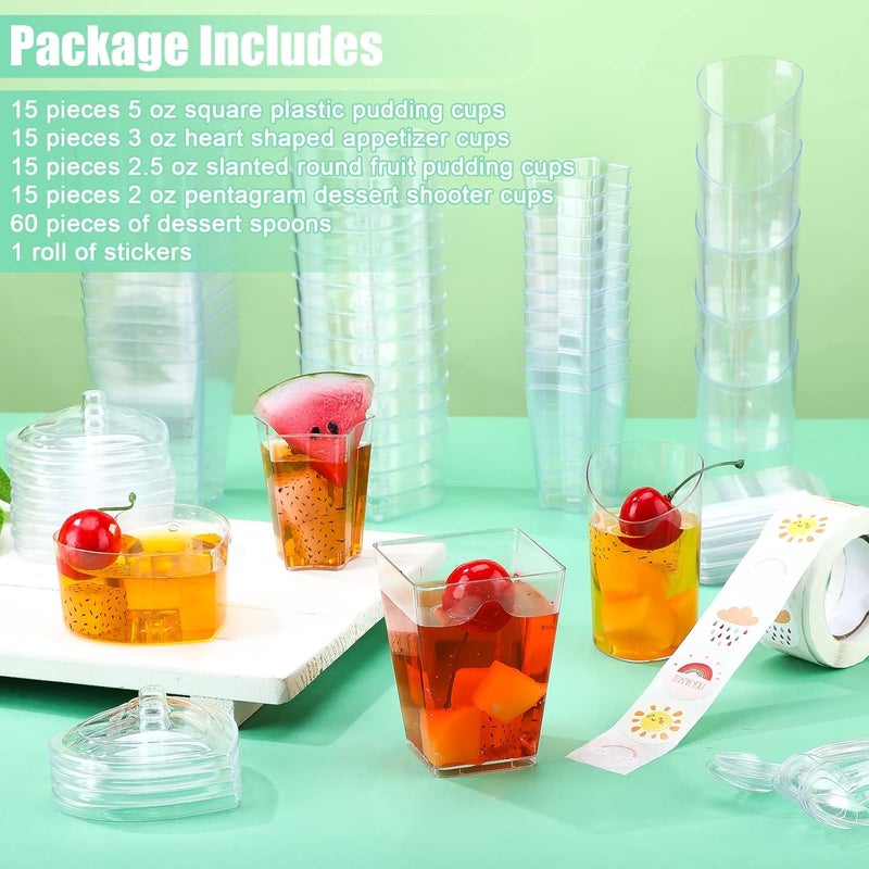 Hoolerry 60 Pcs Clear Plastic Dessert Cups with Lids and Spoons Set Party Mini Square Heart Parfait Cups Slanted Round Fruit Pudding Pentagram Appetizer Cups Shooter Cups Dessert Containers and Stickers - Image 3