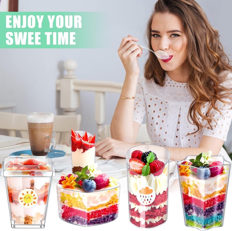 Hoolerry 60 Pcs Clear Plastic Dessert Cups with Lids and Spoons Set Party Mini Square Heart Parfait Cups Slanted Round Fruit Pudding Pentagram Appetizer Cups Shooter Cups Dessert Containers and Stickers - Image 4