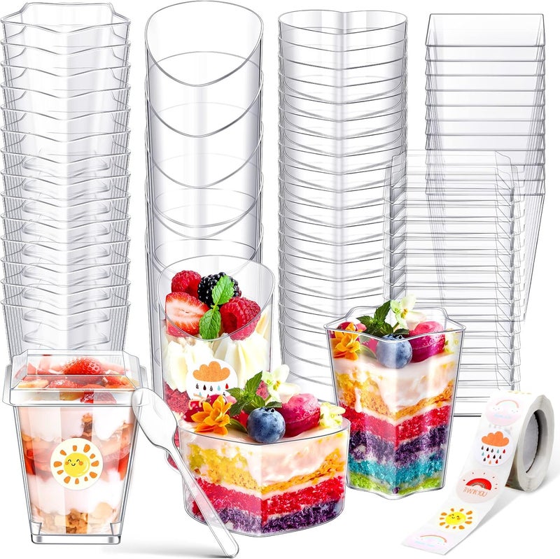 Hoolerry 60 Pcs Clear Plastic Dessert Cups with Lids and Spoons Set Party Mini Square Heart Parfait Cups Slanted Round Fruit Pudding Pentagram Appetizer Cups Shooter Cups Dessert Containers and Stickers - Image 1