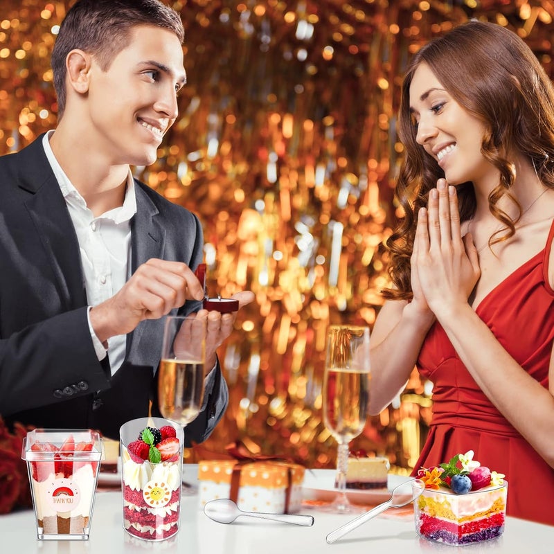 Hoolerry 60 Pcs Clear Plastic Dessert Cups with Lids and Spoons Set Party Mini Square Heart Parfait Cups Slanted Round Fruit Pudding Pentagram Appetizer Cups Shooter Cups Dessert Containers and Stickers - Image 5