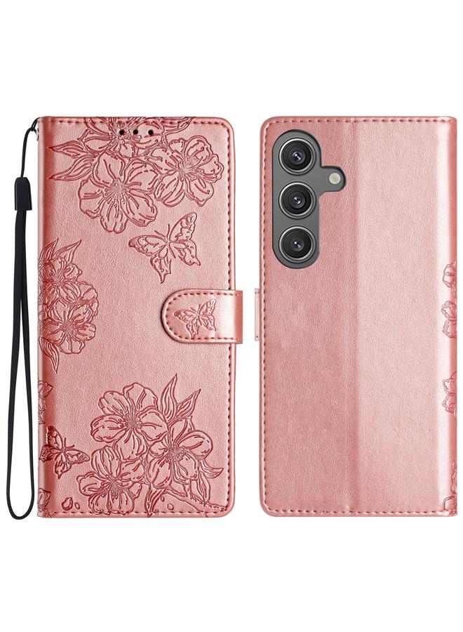 S-TOP Case For Samsung Galaxy S24 FE 5G Cherry Blossom Butterfly Skin Feel Embossed PU Phone Case - Image 1