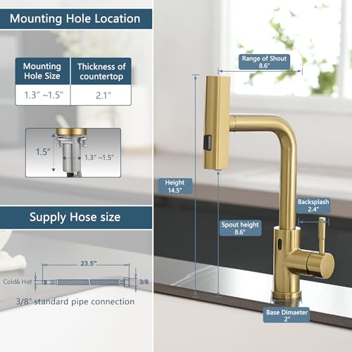 GIMILI Gold Touchless Kitchen Faucet with Pull Down Sprayer, 15” Hight Single Hole Handle Kitchen Sink Faucets - Image 3