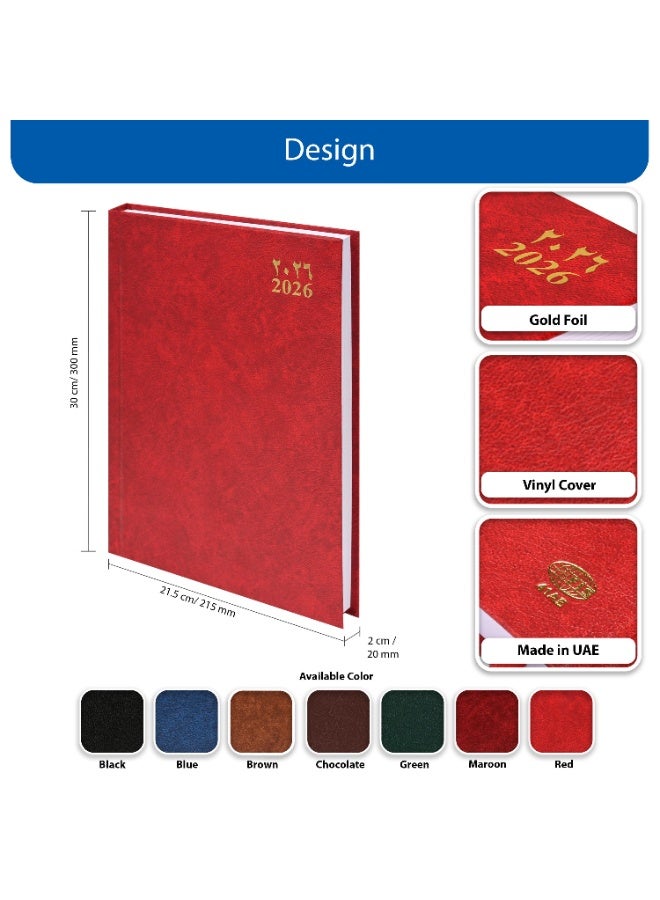 FIS مفكرة A4 2026، حجم 210x297 مم، غلاف صلب من الفينيل، تنسيق يوم واحد في الصفحة، ورق أبيض 60 جرام، إنجليزي/عربي، غلاف أحمر - FSDI41AE26RE - Image 5