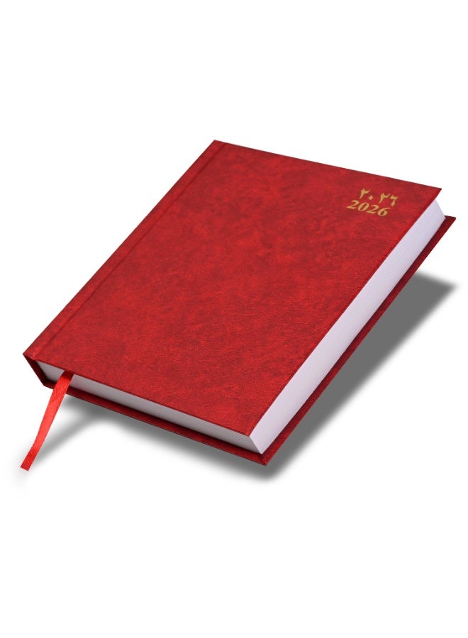 FIS مفكرة A4 2026، حجم 210x297 مم، غلاف صلب من الفينيل، تنسيق يوم واحد في الصفحة، ورق أبيض 60 جرام، إنجليزي/عربي، غلاف أحمر - FSDI41AE26RE - Image 1