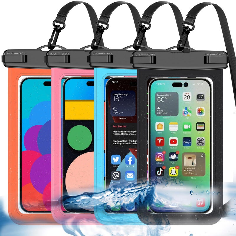 Famoby Up to 8.3" 4 Pack Multicolor Universal Waterproof Phone Pouch, Large Phone Waterproof Case Dry Bag,Protection Level: IP68,Outdoor Sports for Apple iPhone,Samsung,and More,Black,Blue,Pink,Orange - Image 1