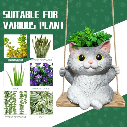 Pyoimmne Cat Hanging Planters for Indoor Outdoor Plants, Small Cute Hanging Pots for Succulent, String of Pearls Plant, Resin Hanging Flower Pots with Drainage Hole, Unique Gift, Garden Home Decor - Image 4