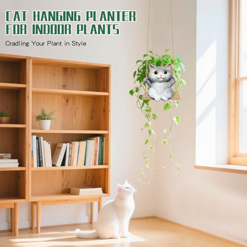 Pyoimmne Cat Hanging Planters for Indoor Outdoor Plants, Small Cute Hanging Pots for Succulent, String of Pearls Plant, Resin Hanging Flower Pots with Drainage Hole, Unique Gift, Garden Home Decor - Image 5