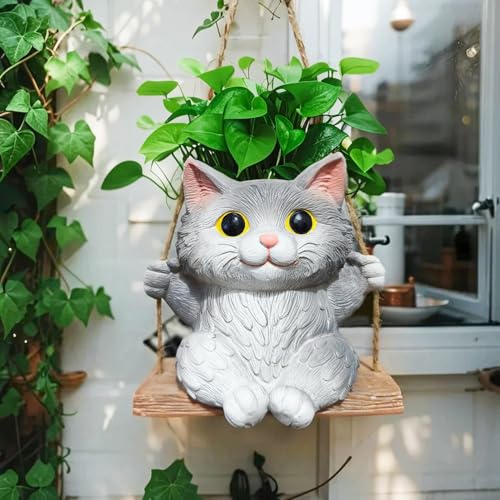 Pyoimmne Cat Hanging Planters for Indoor Outdoor Plants, Small Cute Hanging Pots for Succulent, String of Pearls Plant, Resin Hanging Flower Pots with Drainage Hole, Unique Gift, Garden Home Decor - Image 1
