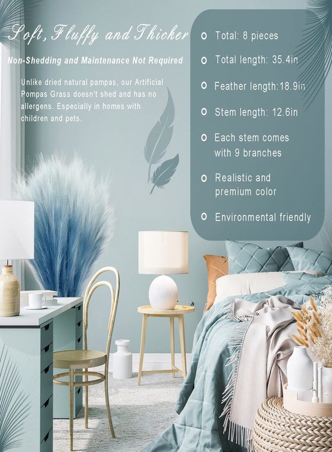KALYLOC 8Pcs 35.4” Blue Colorful Faux Pampas Grass, Fluffy Artificial Bulrush Branches Boho Decor, Filler Tall Pampas Grass Reed Fluffy Stems for Living Room Wedding Decoration - Image 5
