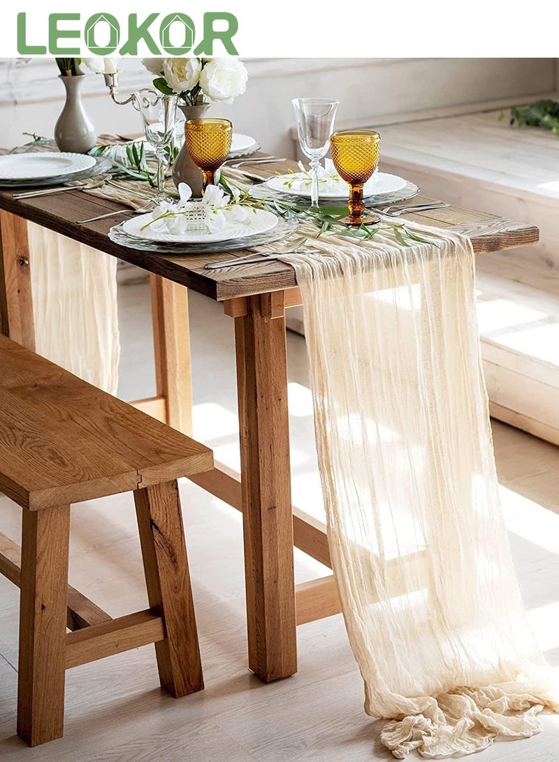 LEOKOR 4M Cheesecloth Table Runner, Beige Wedding Table Runner, Boho Gauze Table Runner, Rustic Sheer Table Decor 90x400 CM - Image 2