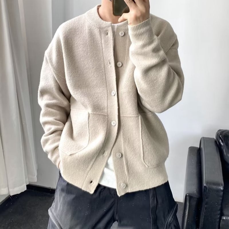 Japanese style wool cardigan mens spring and autumn Hong Kong style sweater round neck jacket simple loose thick sweater coat Apricot  - Image 1