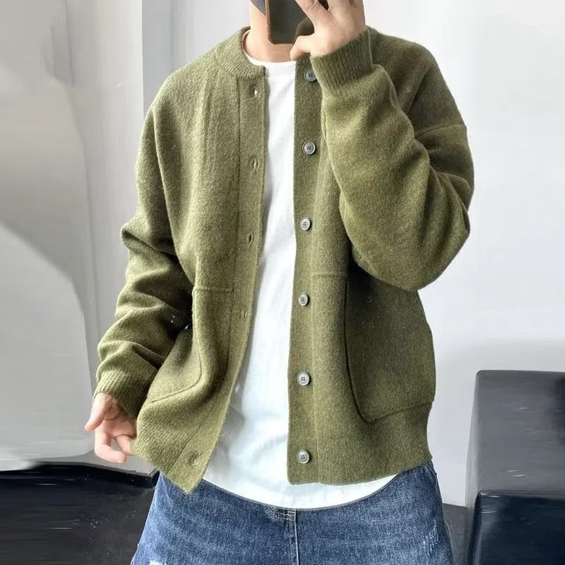 Japanese style wool cardigan mens spring and autumn Hong Kong style sweater round neck jacket simple loose thick sweater coat Apricot  - Image 2