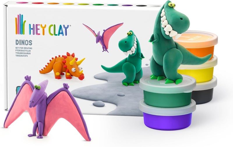 HEY CLAY -DIY Dinos: Pterodactylus, Triceratops, Tyrannosaurus Plastic Creative Modelling Air-Dry Clay For Kids 6 Cans - Image 1