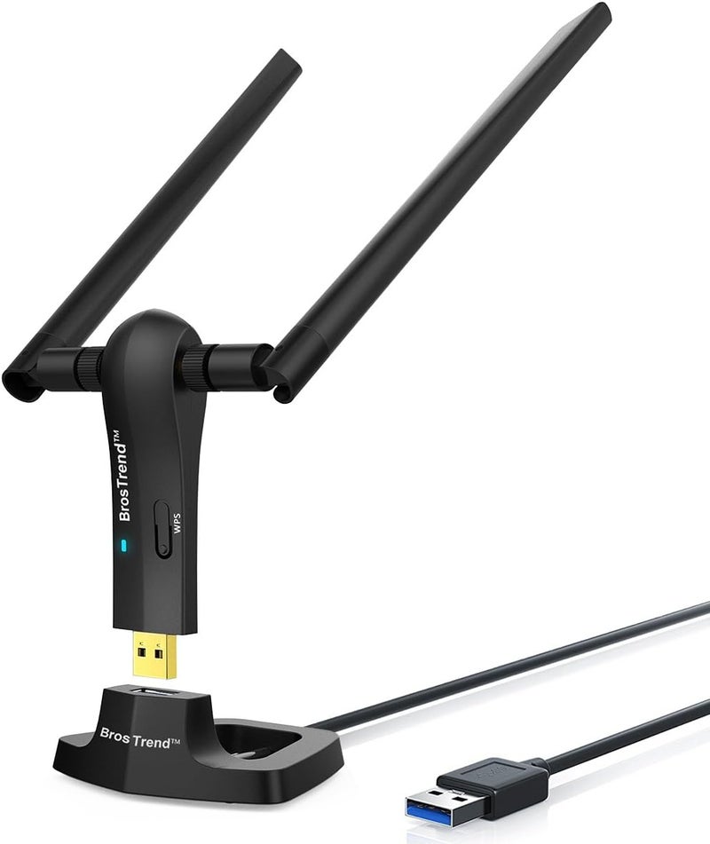 BrosTrend 1200Mbps Long Range USB WiFi Adapter for PC Desktop Laptop of Windows 11/10/8.1/8/7, Wireless Adapter Dual Band 2.4GHz 300Mbps + 5GHz 867Mbps, 2X 5dBi High Gain Antennas, USB 3.0 Cradle - Image 1