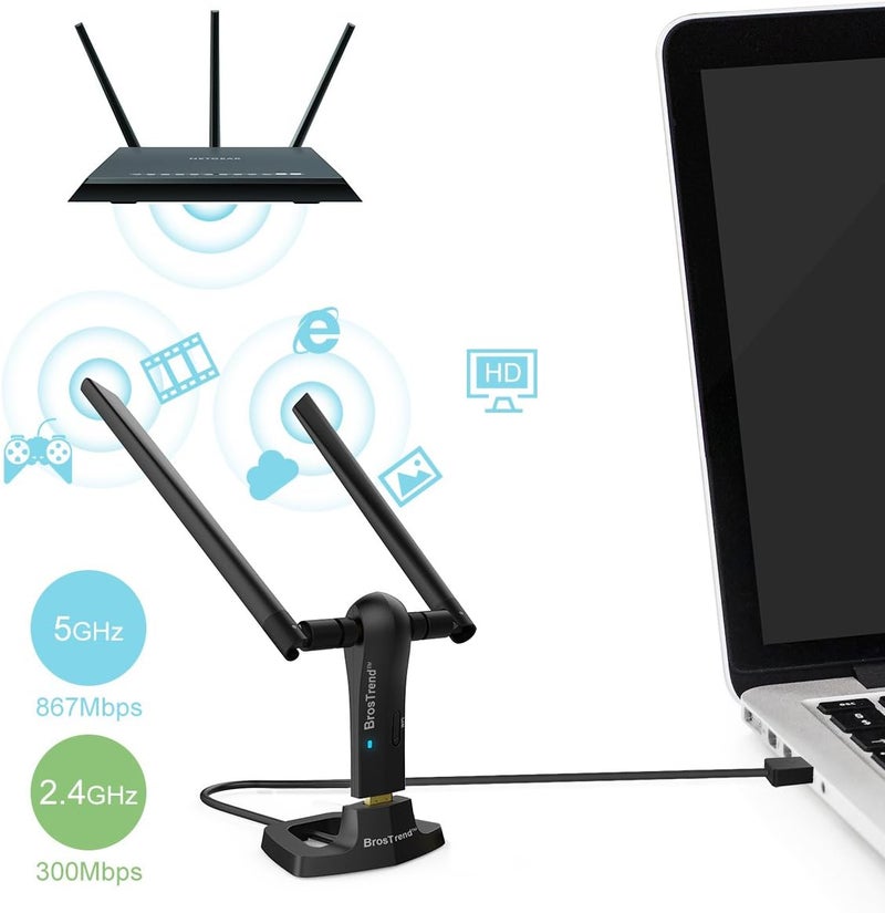 BrosTrend 1200Mbps Long Range USB WiFi Adapter for PC Desktop Laptop of Windows 11/10/8.1/8/7, Wireless Adapter Dual Band 2.4GHz 300Mbps + 5GHz 867Mbps, 2X 5dBi High Gain Antennas, USB 3.0 Cradle - Image 2