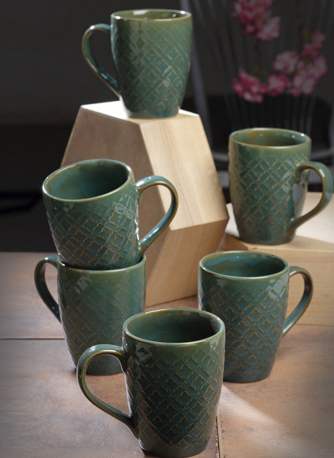 Arrabi Green Textured Ceramic Handmade Mug Set - 6 Pieces, 250ml - Image 1