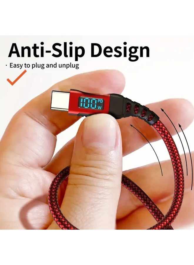 كابل USB C إلى USB C مضفر من النايلون الأحمر بطول 3 أمتار بشاشة عرض LED للشحن السريع بقوة 100 واط - Image 5