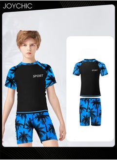 Joychic 2-piece Boys Summer Casual Leaf Pattern Swimsuits Kids Sun Protection Quick-drying and Breathable Short Sleeved Swimwear Separate Top and Bottom Set  - Image 1