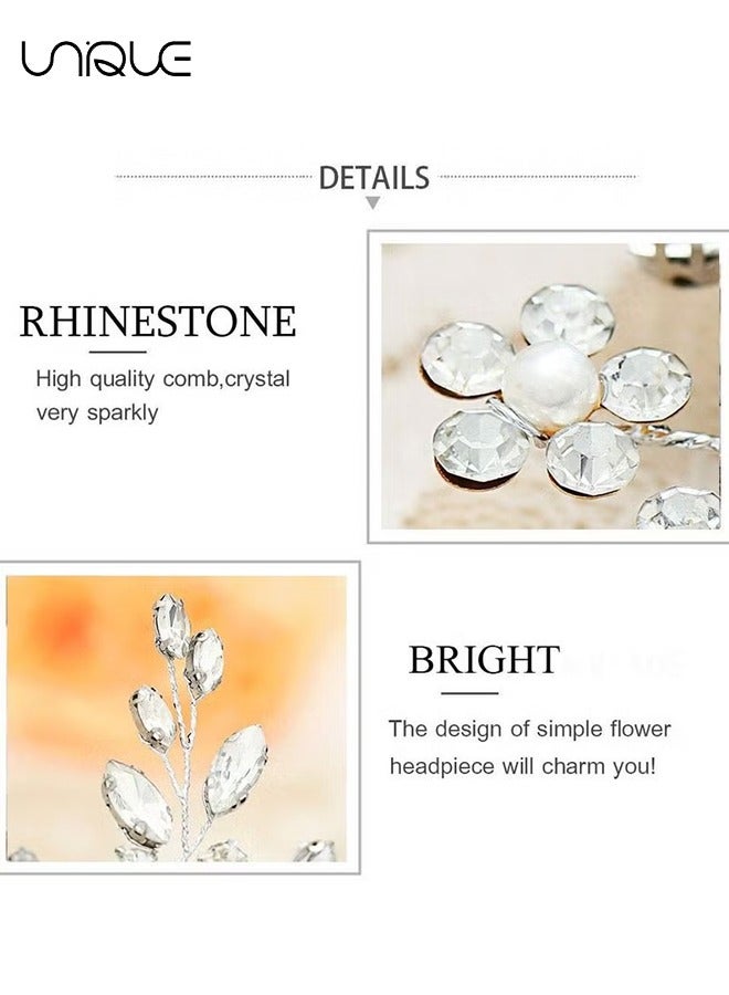 Unique Headdress,Crystal Hair Comb Bridal Pieces Flower Bride Wedding Accessories with Pearl Side Combs Headpiece for Women Silver - Image 2