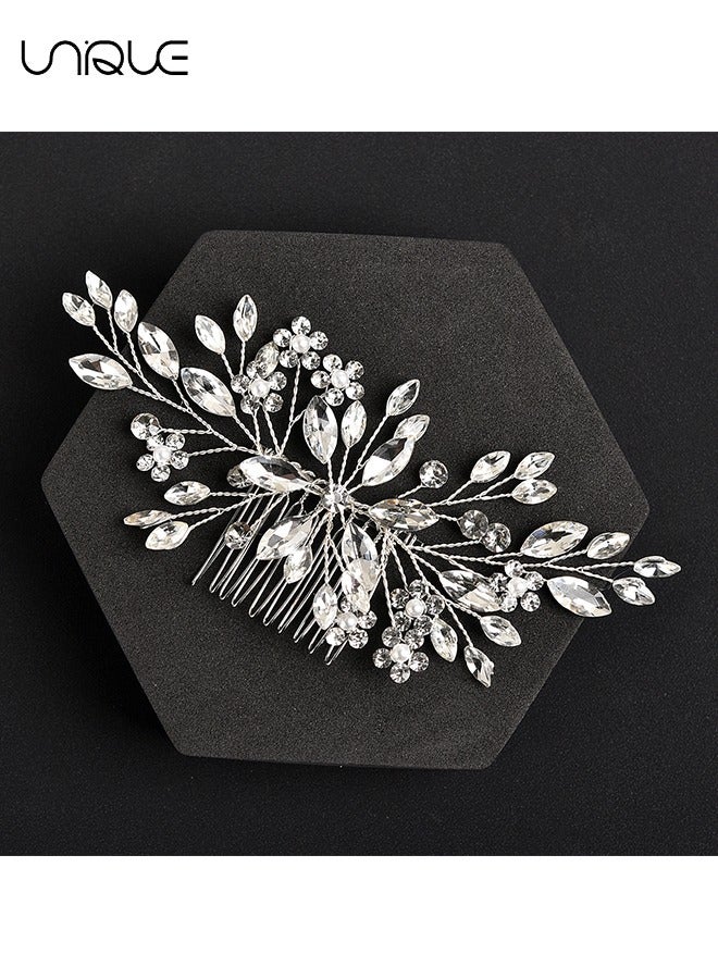 Unique Headdress,Crystal Hair Comb Bridal Pieces Flower Bride Wedding Accessories with Pearl Side Combs Headpiece for Women Silver - Image 1